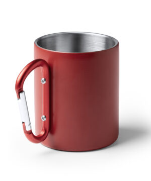 Stainless steel mug with carabiner handle isolated
