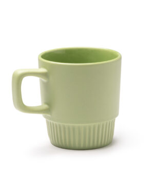 Beige ceramic mug with square handle and ribbed base